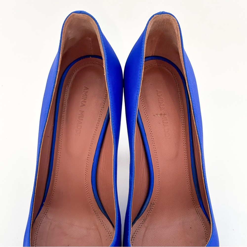 Amina Muaddi Begum Electric Blue Satin Crystal Rhinestone Pumps High Heels 37 - Picture 7 of 12